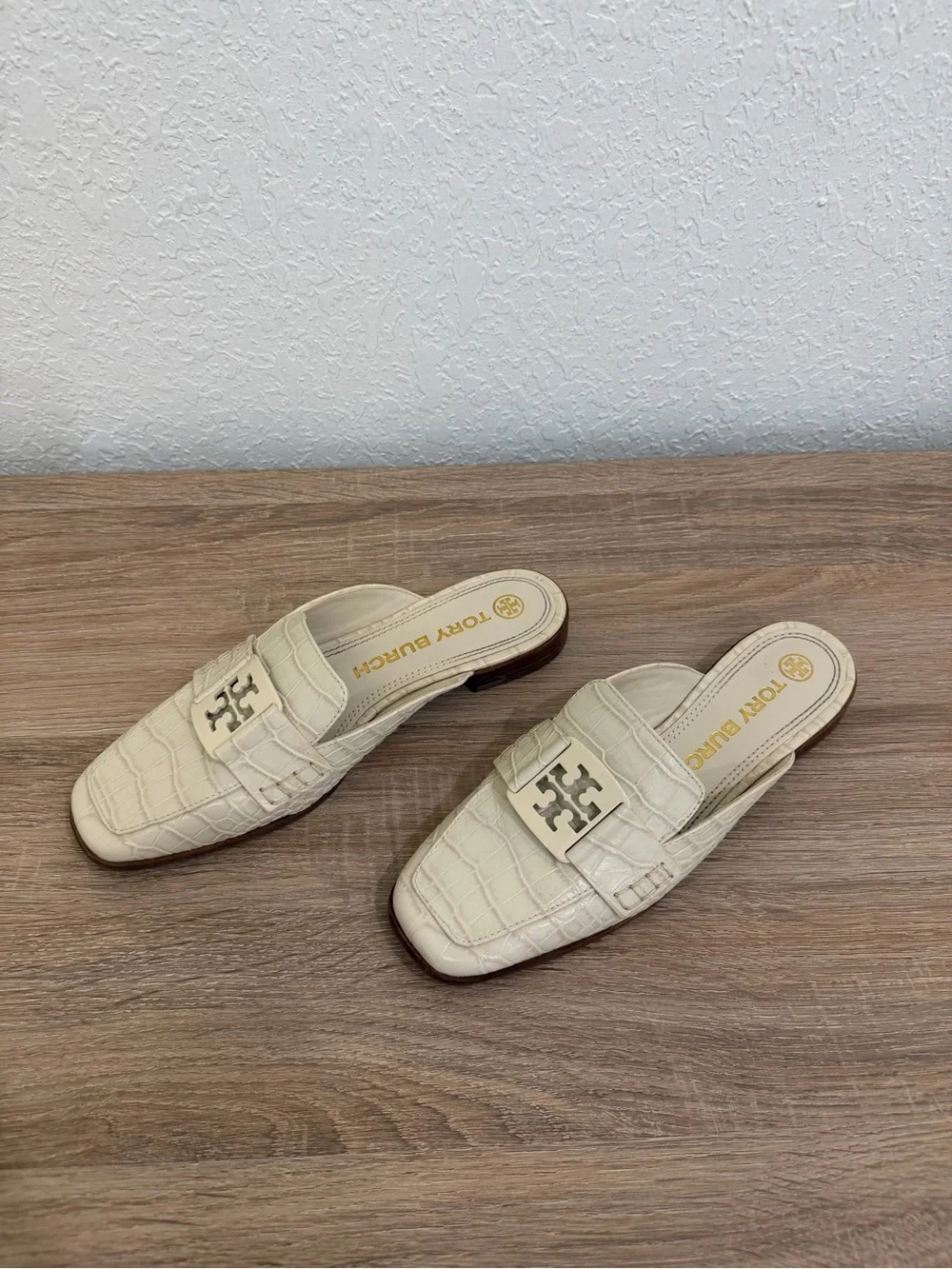 Tory Burch Cream Croc-Embossed Slip-On Mules with Logo